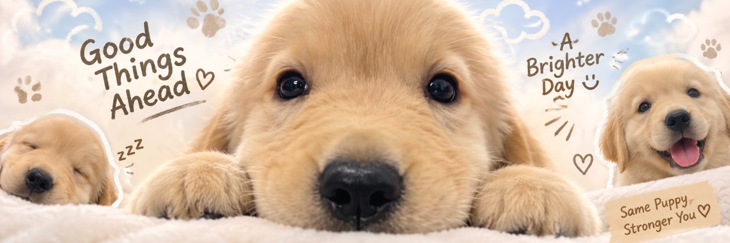 Wide artwork of golden retriever puppies with soft scrapbook doodles — Good Things Ahead